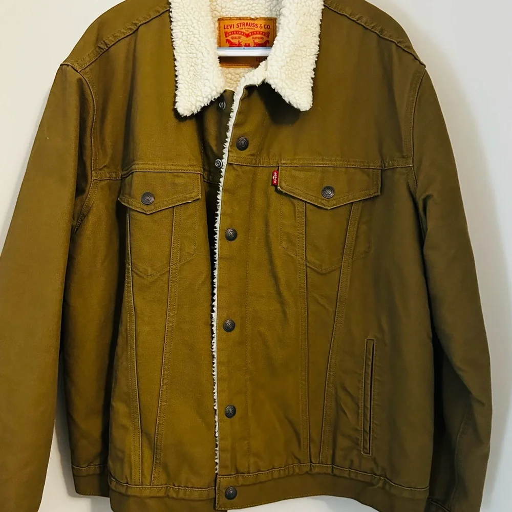 Levi's Classic Khaki Tan Brown Sherpa-Lined Trucker Jacket Men’s XL - Picture 8 of 9